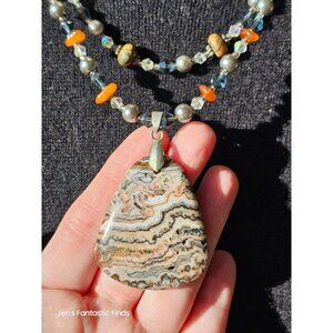 Picture Jasper Pearl Carnelian Sterling Silver Double Strand Necklace Toggle Clo